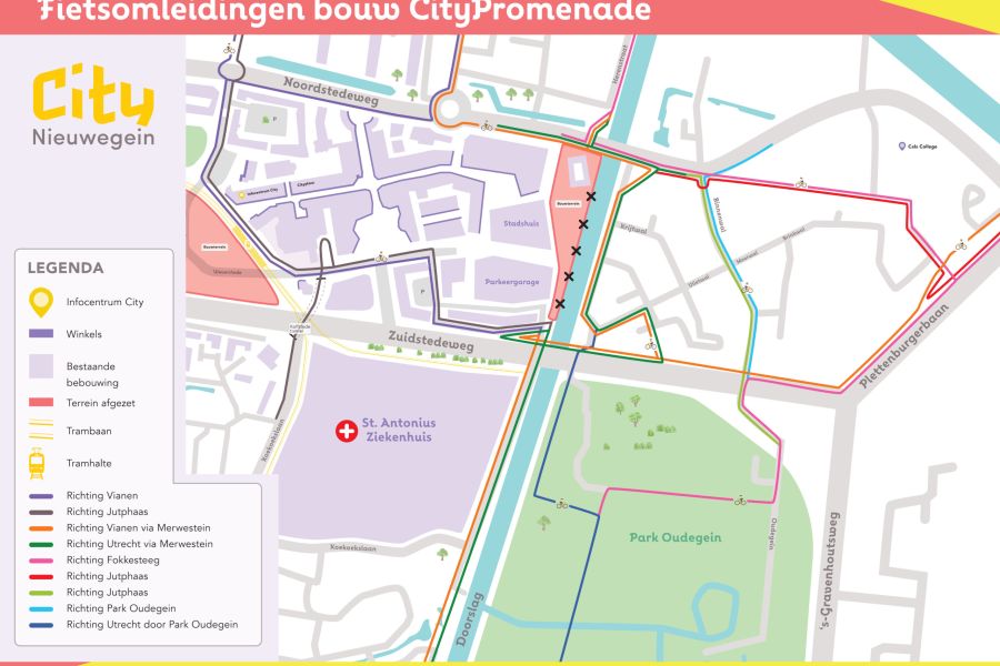 Plattegrond met fietsroutes